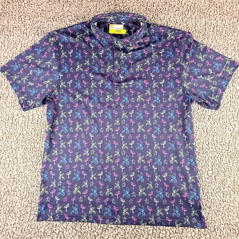 Nicklaus Golf Polo Shirt L Blue Flamingo Palm Tree Print Eco Choice Short Sleeve